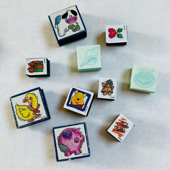 Mini Stamps Assorted 10 Pieces Duck Pooh Piggy Heart Shell Heart Gift Stamping - Picture 1 of 13